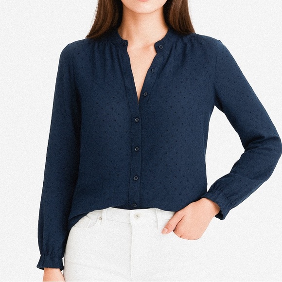 LOFT Tops - Loft flowy polka dot ruffle trim navy top ❤️